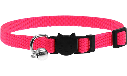 Coleira ajustável para gato rosa, leve, com fecho de segurança com design de gato e um pequeno sino prateado.