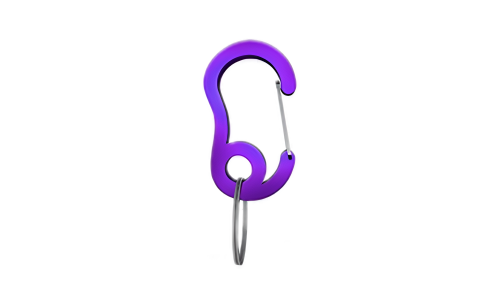 Mosquetão roxo tipo carabina com pequeno anel dividido, durável, 13x22mm, para prender chapas ou acessórios à coleira.