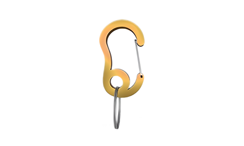 Mosquetão amarelo tipo carabina com pequeno anel dividido, durável, 13x22mm, para prender chapas ou acessórios à coleira.