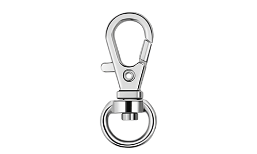 Mosquetão prateado para chapas identificação cão com fecho de mola e anel circular, 3cm x 1cm, para prender com segurança.