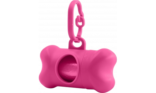 Dispensador de saco de fezes para cão em forma de osso rosa, conveniente para donos de cães, prende facilmente à coleira.
