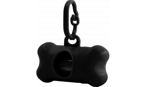 Dispensador de saco de fezes para cão em forma de osso preto, conveniente para donos de cães, prende facilmente à coleira.