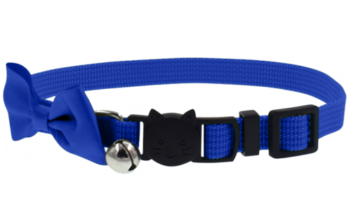 Coleira azul para gato com laço estiloso e fecho de segurança, ajustável e leve, com sino para charme e segurança.