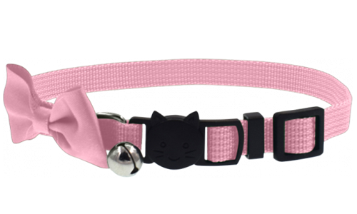 Coleira rosa para gato com laço estiloso e fecho de segurança, ajustável e leve, com sino para charme e segurança.
