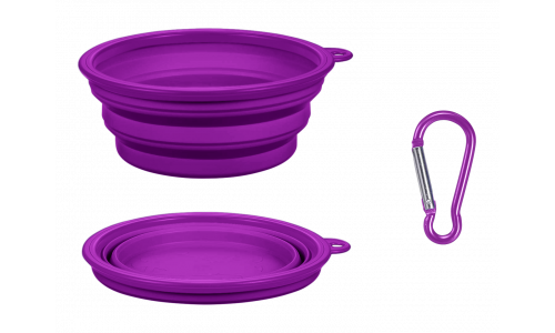 Tigela dobrável violeta para cão, capacidade de 350ml, compacta e fácil de transportar, dobrável para fácil limpeza.