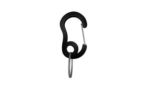 Mosquetão preto tipo carabina com pequeno anel dividido, durável, 13x22mm, para prender chapas ou acessórios à coleira.