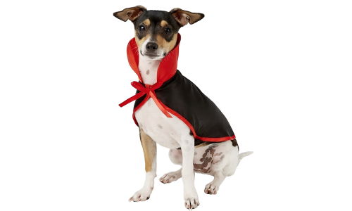Fantasia de vampiro para cão em preto e vermelho com gola alta e gravata borboleta, conjunto 2-em-1, leve e ajustável.