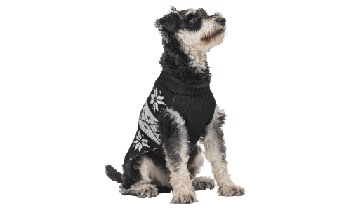 Suéter de inverno preto para cães com padrão de floco de neve branco, lavável, proporcionando calor e estilo festivo.