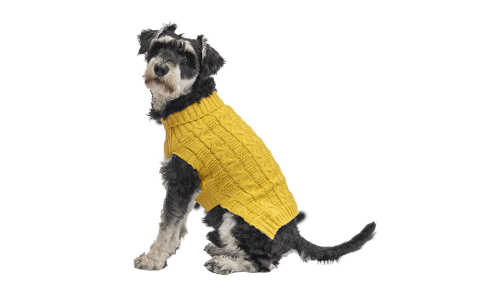 Suéter de algodão amarelo para cães com padrão trançado, proteção extra, mantém os cães aquecidos no clima frio.