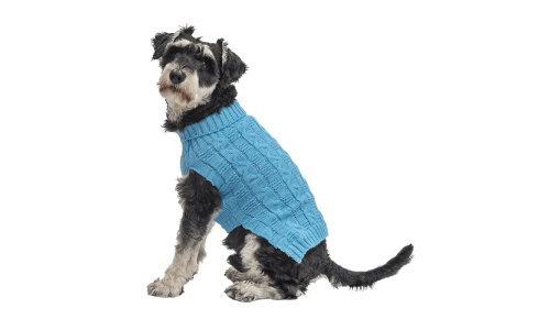 Suéter de algodão azul para cães com padrão trançado, proteção extra, mantém os cães aquecidos no clima frio.