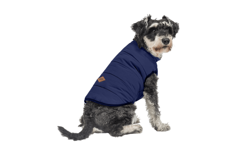 Colete de inverno azul-marinho à prova de vento para cão, ajuste confortável, para calor e proteção no clima frio.