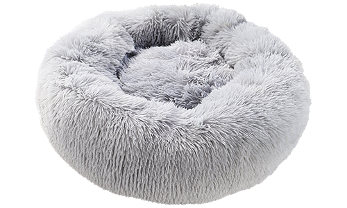 Cama de luxo para animais de estimação Cama de luxo para cão em formato redondo, cor cinza, material macio de alta qualidade, conforto deluxe e design elegante.