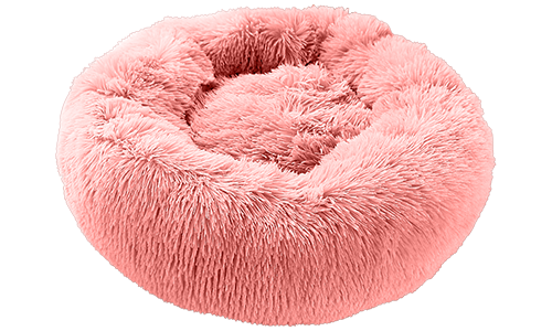 Cama de luxo para cão em formato redondo, cor rosa, material macio de alta qualidade, conforto deluxe e design elegante.