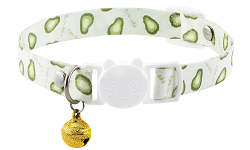 Coleira para gato com design kiwi, ajustável e leve para conforto, com fivela branca e sino dourado.