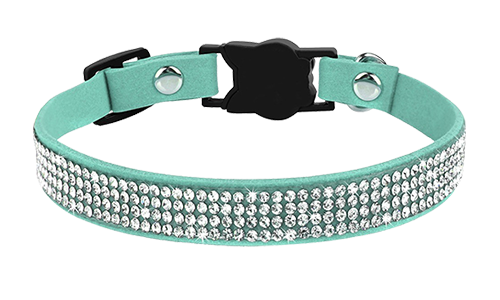 Coleira para gato turquesa de luxo com cristais, leve para conforto, fivela em forma de gato e sino prateado.