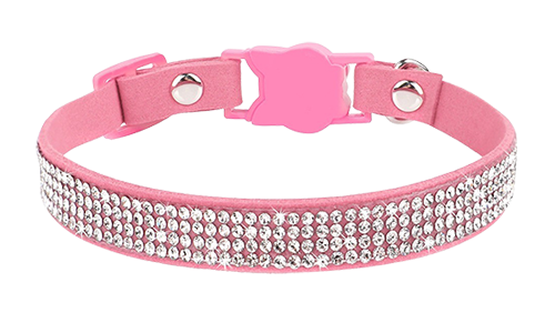 Coleira para gato rosa de luxo com cristais, ajustável e leve para conforto, fivela em forma de gato e sino.