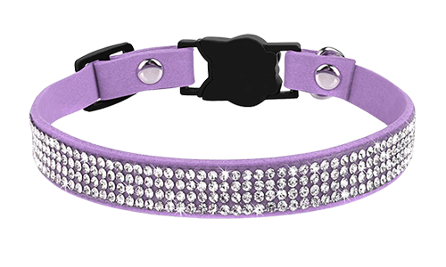 Coleira para gato roxa de luxo com cristais, leve para conforto, fivela em forma de gato e sino roxo.