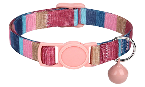 Coleira para gato listrada rosa, ajustável e leve, com fivela e sino rosa combinando.