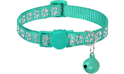 Coleira para gato com padrão de pata turquesa, ajustável e leve para conforto, refletiva com sino combinando.
