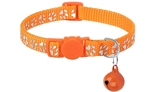 Coleira para gato com padrão de pata laranja, ajustável e leve para conforto, fivela de segurança com sino combinando.