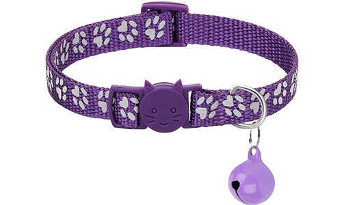 Coleira para gato com padrão de pata roxa, ajustável e leve para conforto, fivela de segurança com sino combinando.