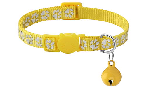 Coleira para gato com padrão de pata amarela, ajustável e leve para conforto, fivela de segurança com sino combinando.