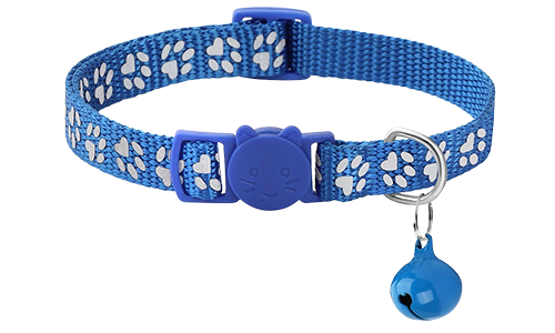Coleira para gato com padrão de pata azul, ajustável e leve para conforto, fivela de segurança com sino combinando.