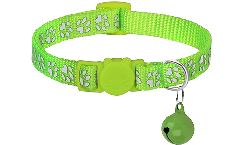 Coleira para gato com padrão de pata verde, ajustável e leve para conforto, fivela de segurança com sino combinando.