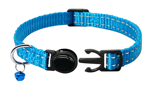 Coleira para gato refletiva azul, ajustável (21-34 cm) e 1 cm de largura, material de nylon leve e refletivo.