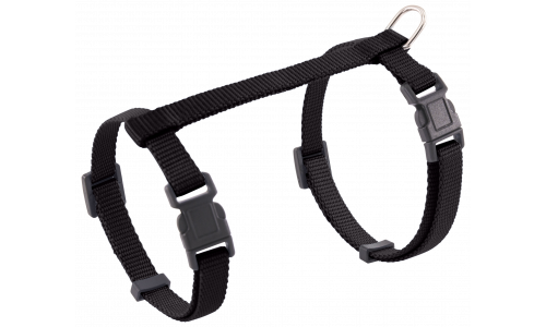 Coleira para gato preta com tiras ajustáveis e D-ring metálico para coleira, uso seguro e confortável.
