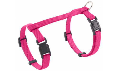 Coleira para gato rosa com tiras ajustáveis e D-ring metálico para coleira, uso seguro e confortável.
