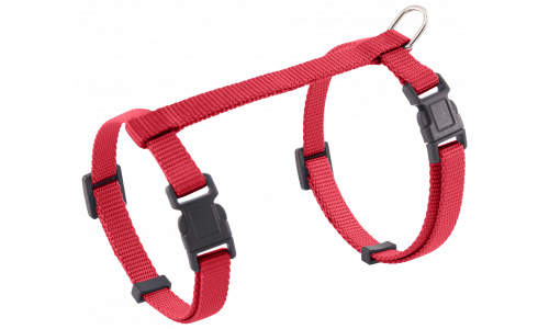 Coleira para gato vermelha com tiras ajustáveis e D-ring metálico para coleira, uso seguro e confortável.