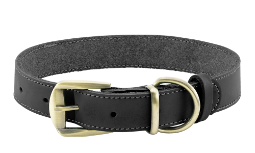 Coleira de couro genuíno preta de luxo para cão, durável e forte, material de couro genuíno de alta qualidade, com fivela.
