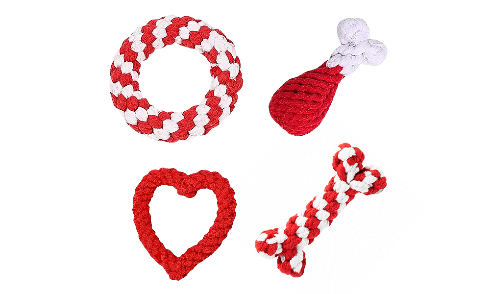 Conjunto de brinquedos em corda para cães - 4 peças Conjunto de 4 brinquedos de corda para cães, vermelho e branco, anel, coxa, coração e osso, para brincadeiras interativas.