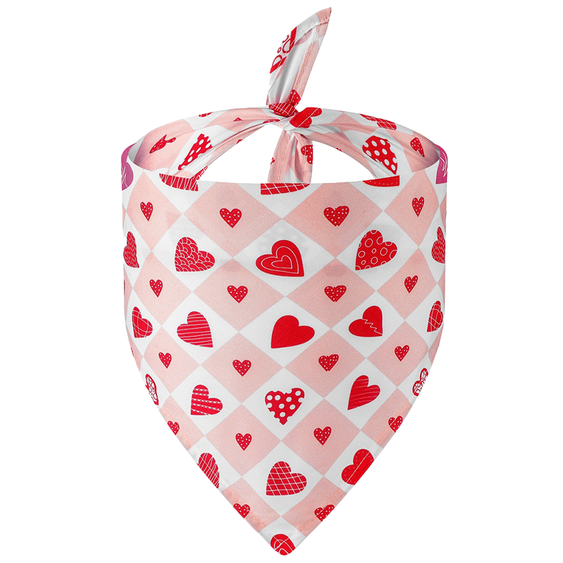 Lenço bandana para cães com corações impressos Bandana para cão com estampa de corações, design xadrez rosa e branco, com corações vermelhos, para o Dia dos Namorados.