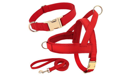 Kit de coleira e guia com arnês vermelho para cão, leve, durável, confortável e ajuste seguro.