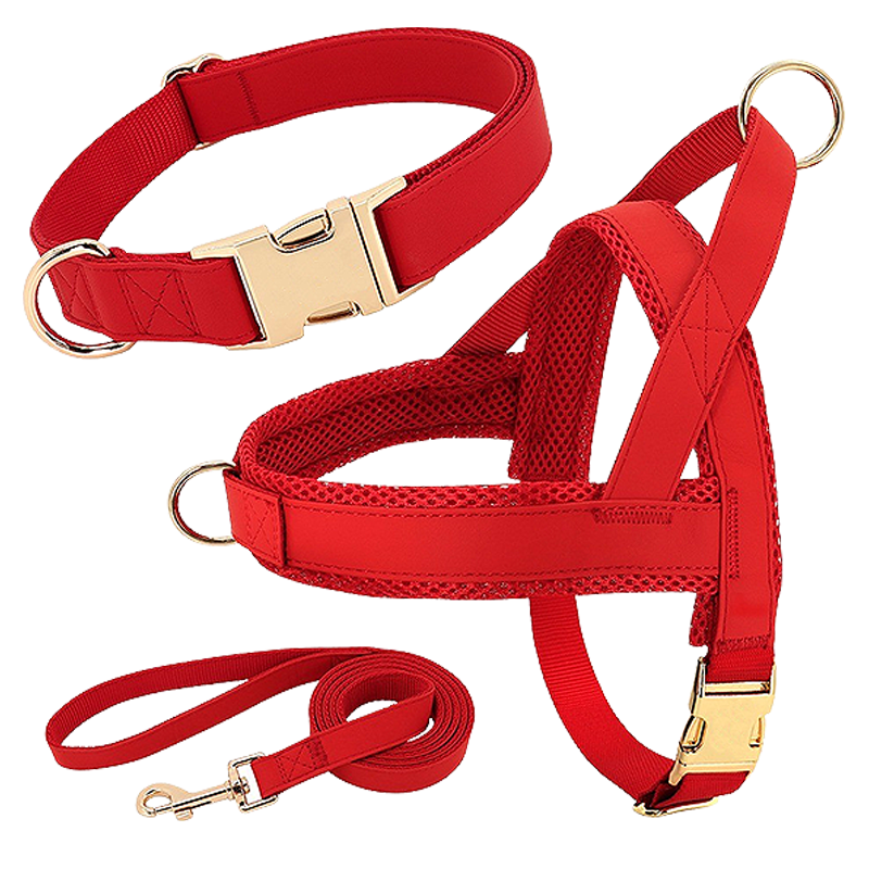 Kit peitoral para cães com coleira e trela Kit de coleira e guia com arnês vermelho para cão, leve, durável, confortável e ajuste seguro.