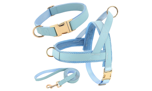 Kit de coleira e guia com arnês azul claro para cão, leve, durável, confortável e ajuste seguro.