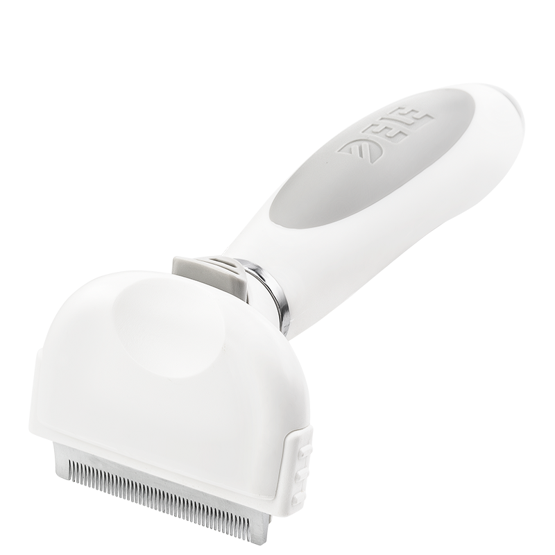 Escova de remoção de pelos para cães e gatos Escova despeladora pequena branca para cães com dentes finos de metal e cabo ergonômico, para reduzir queda de pelos.