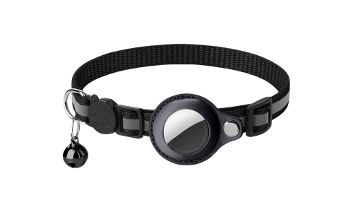 Coleira para gato refletiva preta com suporte para AirTag, ajustável e leve para conforto, com sino preto.