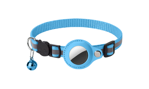 Coleira para gato refletiva azul com suporte para AirTag, ajustável e leve para conforto, com sino azul.