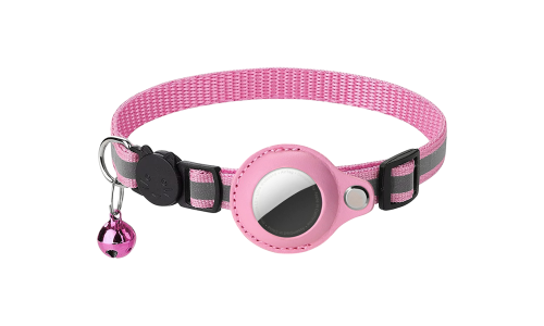 Coleira para gato refletiva rosa com suporte para AirTag, ajustável e leve para conforto, com sino rosa.