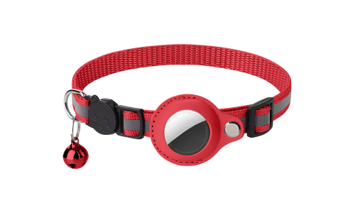 Coleira para gato refletiva vermelha com suporte para AirTag, ajustável e leve para conforto, com sino vermelho.