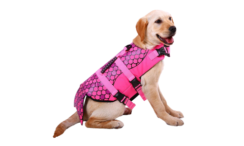 Colete salva-vidas para cães com tema de sereia em rosa, padrão de escamas, para flutuação, para diferentes tipos de cães.