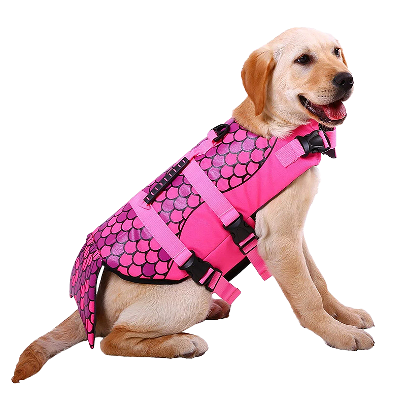 Colete Salva-Vidas para Cães com Estilo - Sereia Colete salva-vidas para cães com tema de sereia em rosa, padrão de escamas, para flutuação, para diferentes tipos de cães.