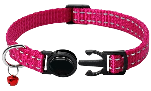 Coleira para gato refletiva rosa, durável e forte, material de nylon leve e refletivo.