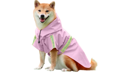 Shiba Inu com capa de chuva rosa impermeável, tiras refletivas, fácil de colocar e tirar, para passeios na chuva.
