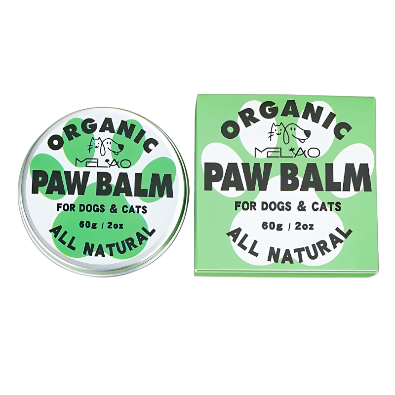 Bálsamo Orgânico para as Patas de Cães e Gatos Lata e caixa verde e branca de bálsamo para patas orgânico e natural para cães e gatos, 60g, para aliviar e proteger.