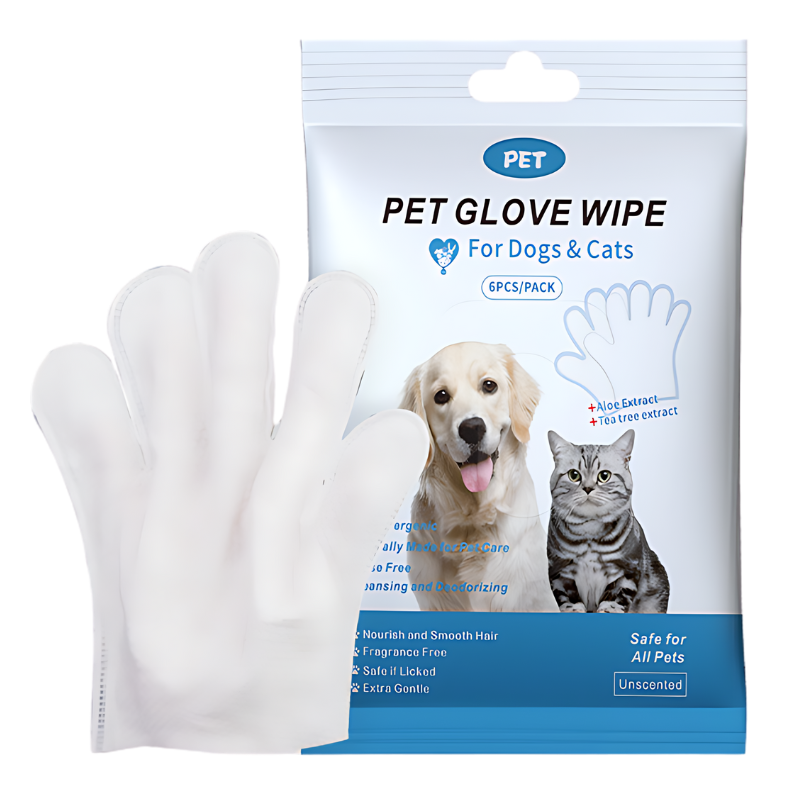 Toalhetes de Limpeza Hipoalergénicos para Cães e Gatos (6 un./embalagem) Pacote de lenços hipoalergénicos para cães e gatos, 6 unidades, para limpeza suave e desodorização.