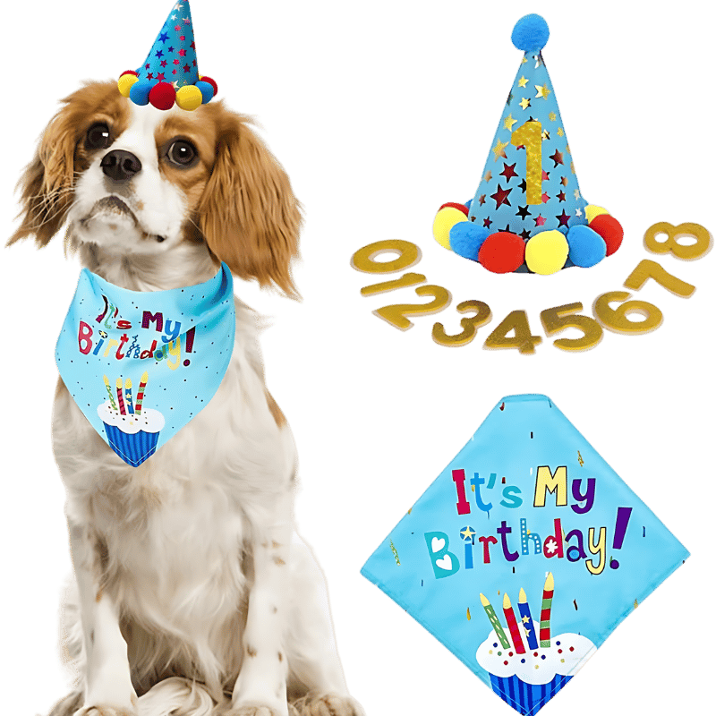 Conjunto de Lenço Bandana para Aniversário de Cão Conjunto de aniversário para cães azuis, com bandana colorida "It's My Birthday!", suave e durável.
